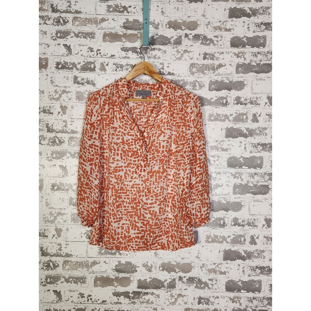 Classiques Entier Silk Blouse Size Small Orange Abstract V Neck Classy‎ Chic